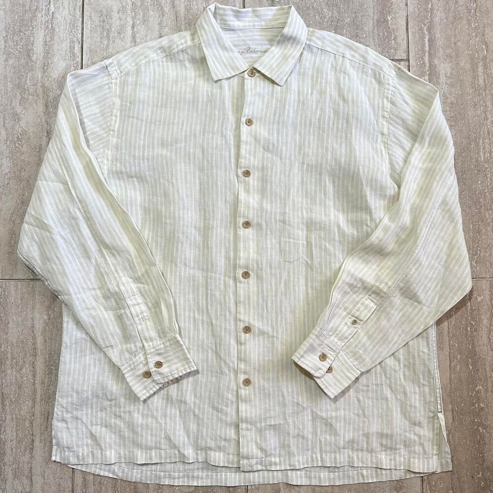 Tommy Bahama White Banana Yellow 100% Linen striped button-up shirt Men’s Sz XL